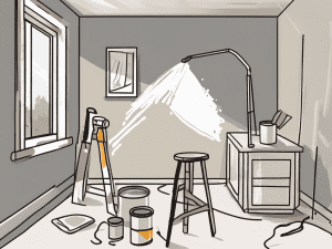 Draw an illustration of a freshly painted wall with a paintbrush and a can of paint nearby