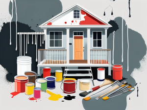 A beautifully painted house surrounded by common painting tools like brushes