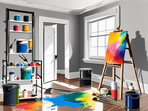 A split scene showcasing a vibrant diy painting setup on one side with tools like brushes