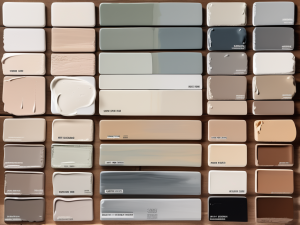 An array of paint finish samples displayed on a wooden palette