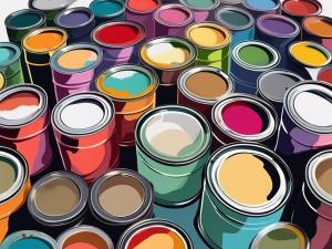 An array of vibrant paint cans and brushes surrounded by a beautifully painted room showcasing different textures and finishes