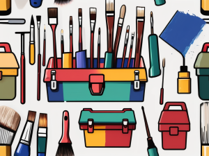 A colorful toolbox filled with various painting tools