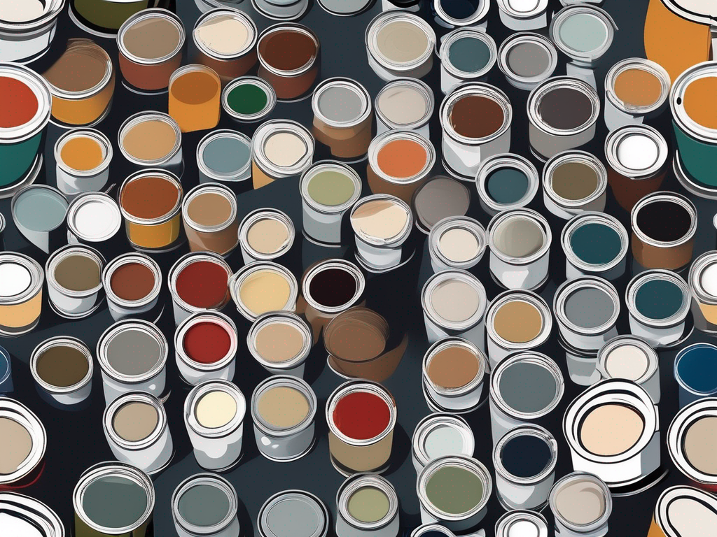 An array of paint cans in various colors and finishes